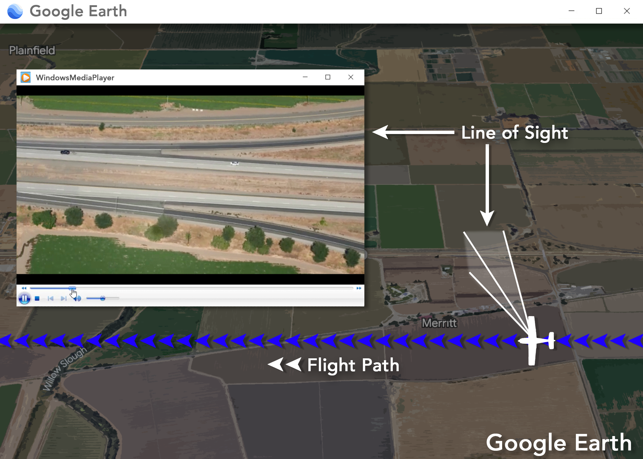 Google Earth view displaying a map highlighting the location of the camera view from the aircraft.