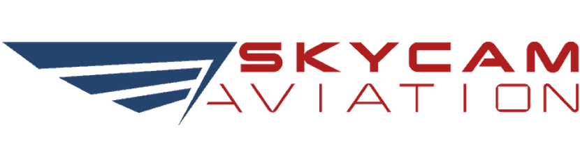 SkyCam Aviation logo featuring a stylized aircraft silhouette and modern typography in blue and white colors.